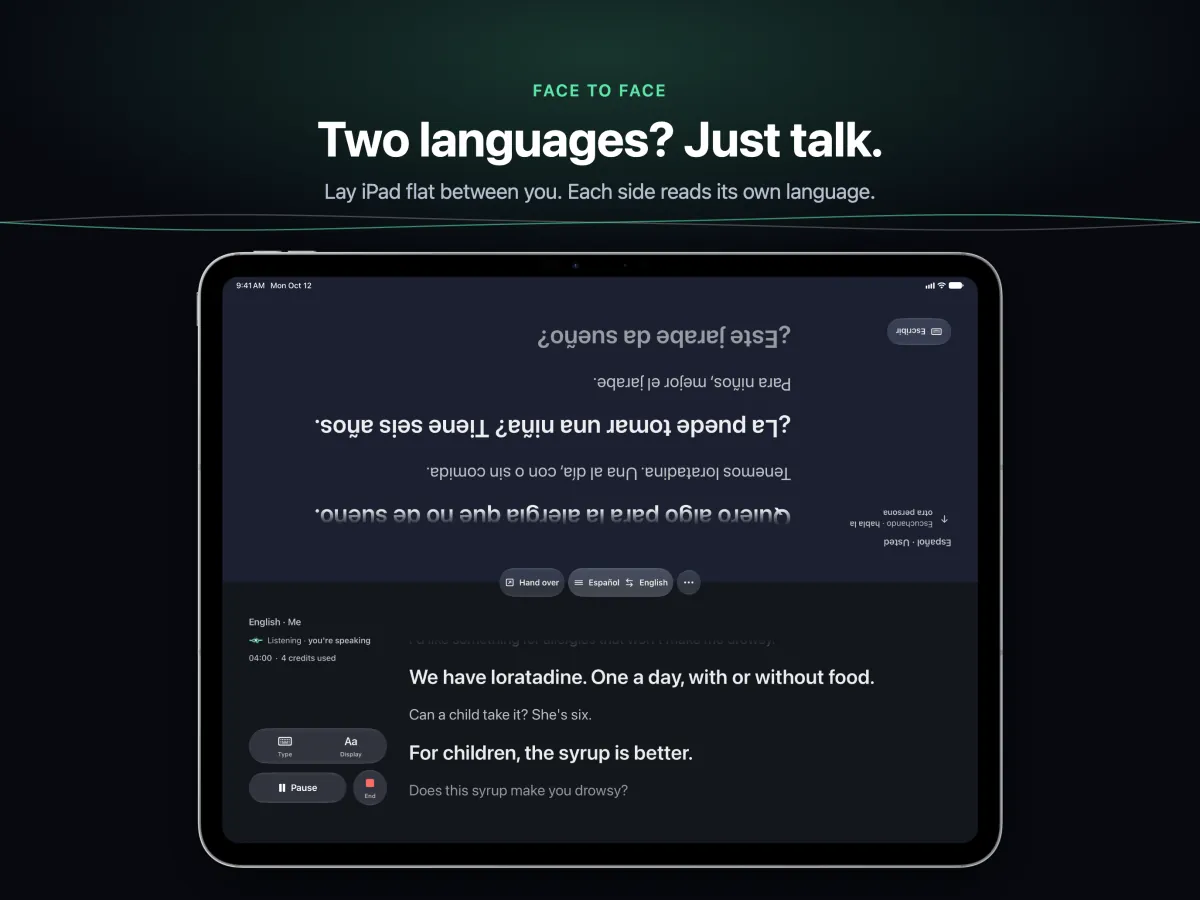 Conversation on an iPad lying flat between two people, each half of the screen facing its reader
