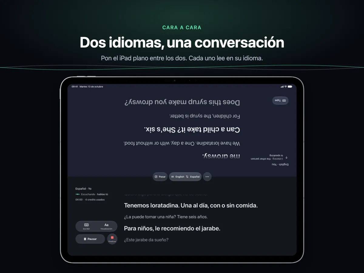 Conversación en un iPad plano entre dos personas, cada mitad de la pantalla mirando a quien la lee