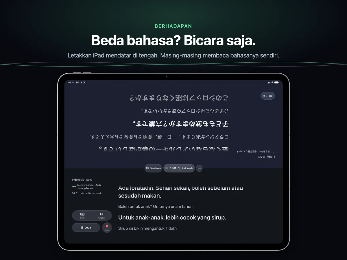 Percakapan di iPad yang diletakkan mendatar di antara dua orang, tiap separuh layar menghadap pembacanya