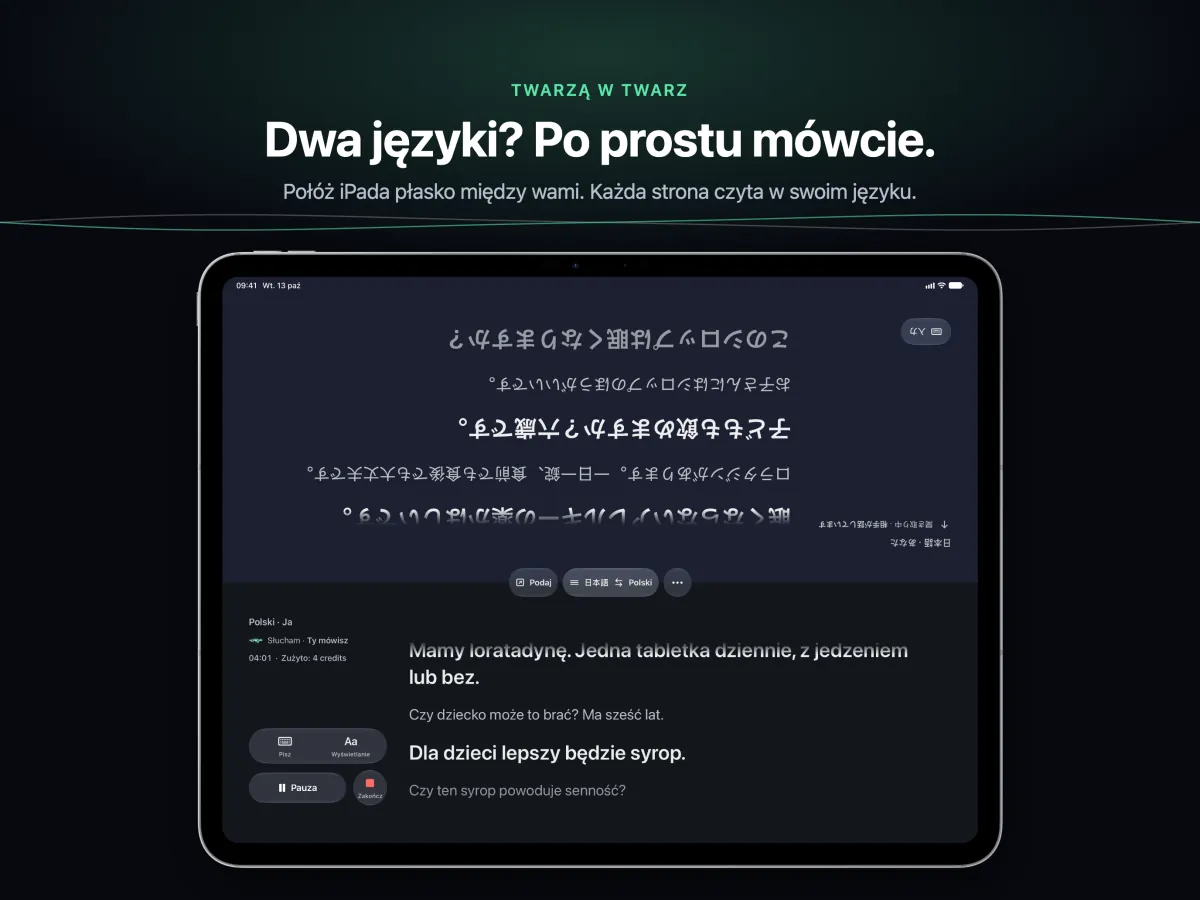 Rozmowa na iPadzie leżącym płasko między dwiema osobami, każda połowa ekranu zwrócona do swojego czytelnika