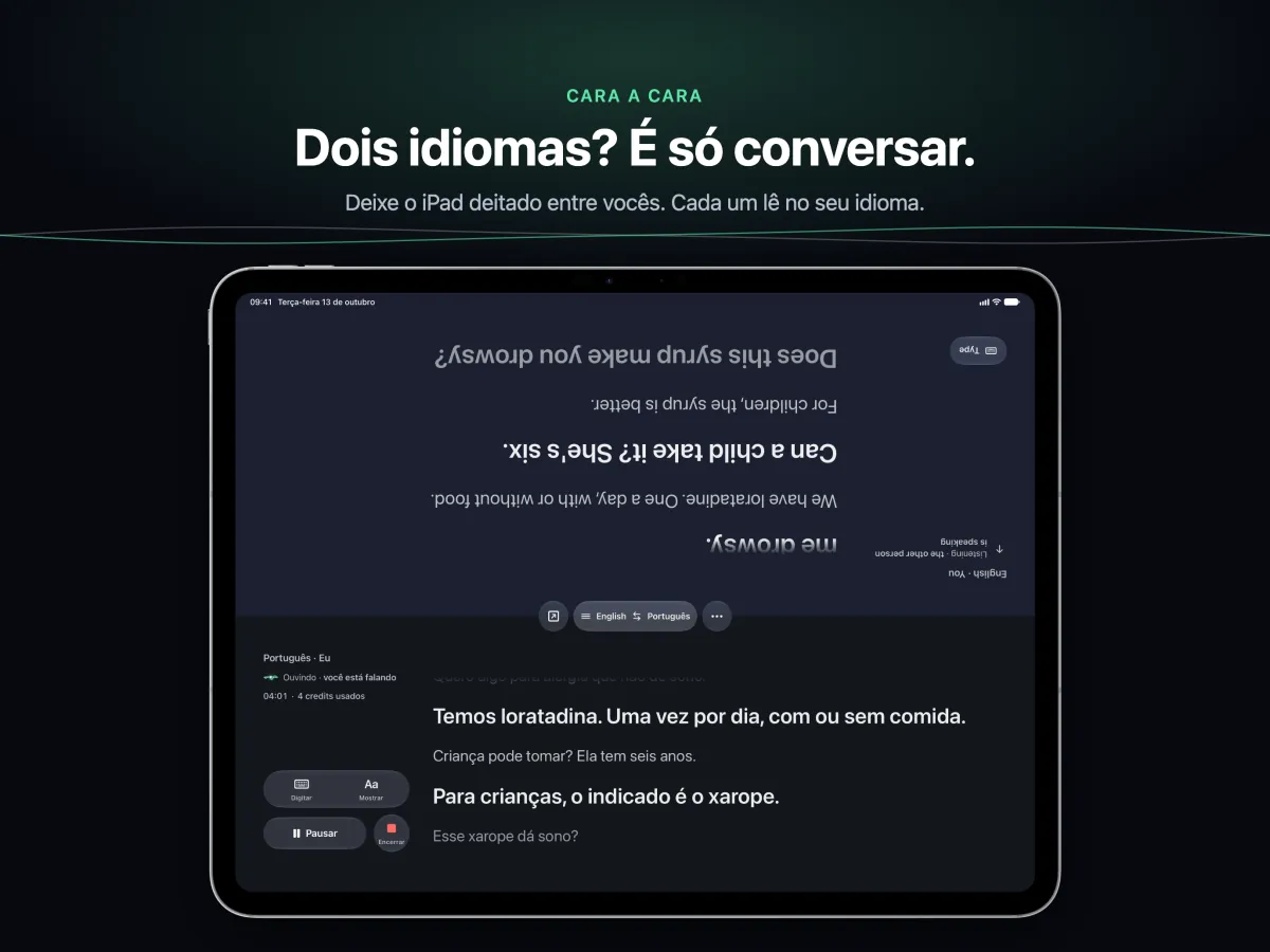 Conversa num iPad deitado entre duas pessoas, cada metade da tela virada para quem a lê