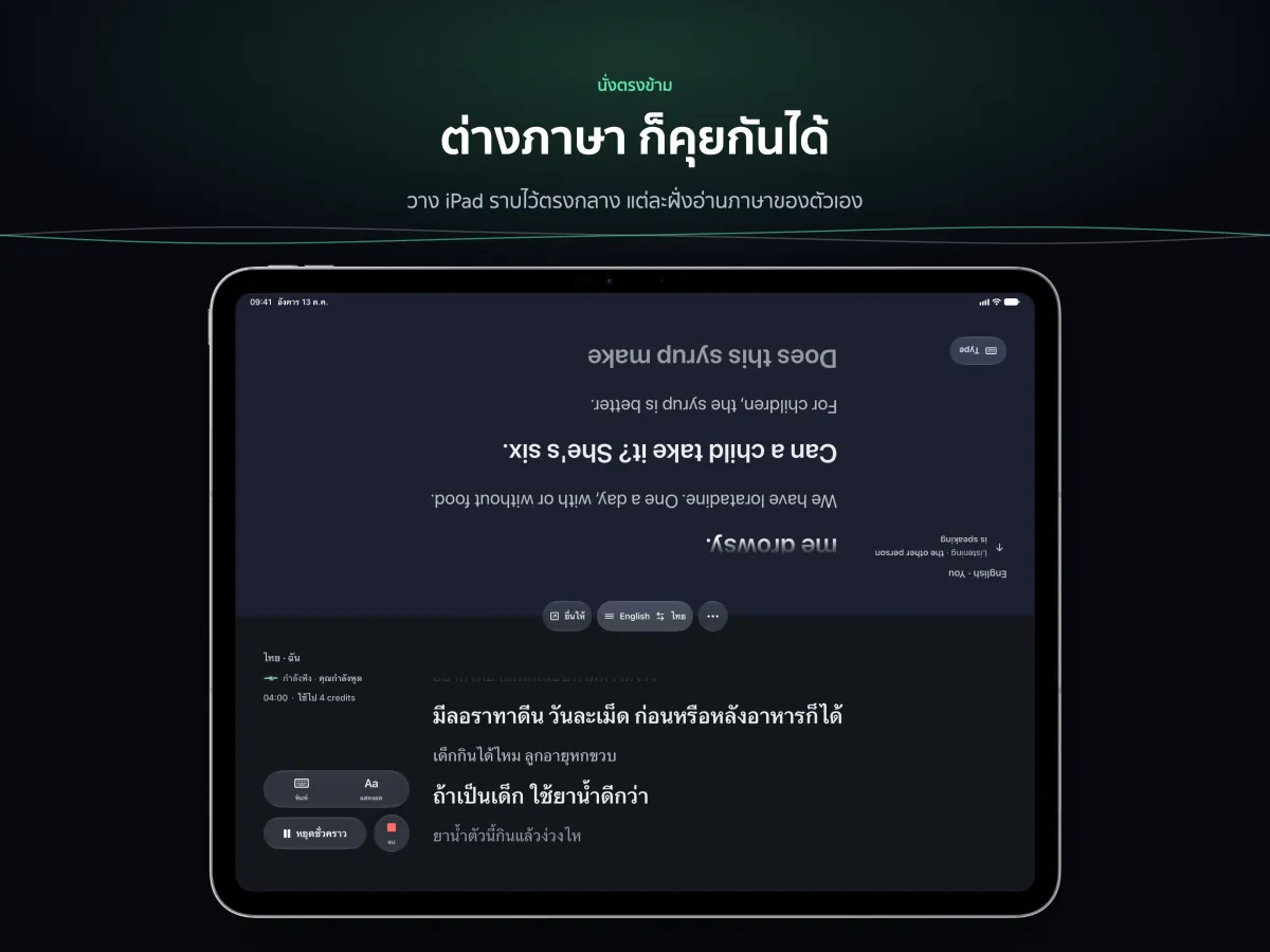 สนทนาบน iPad ที่วางราบระหว่างสองคน หน้าจอแต่ละครึ่งหันไปหาคนที่อ่าน