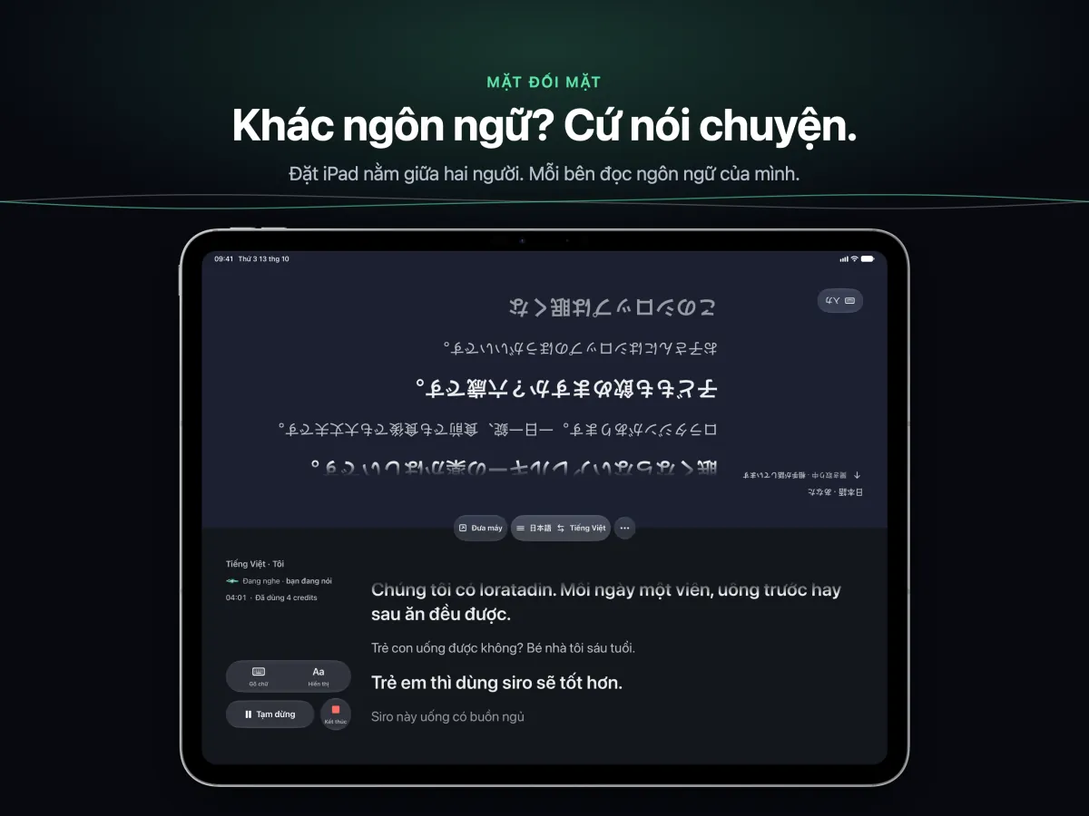 Hội thoại trên iPad đặt nằm phẳng giữa hai người, mỗi nửa màn hình hướng về người đọc của nó