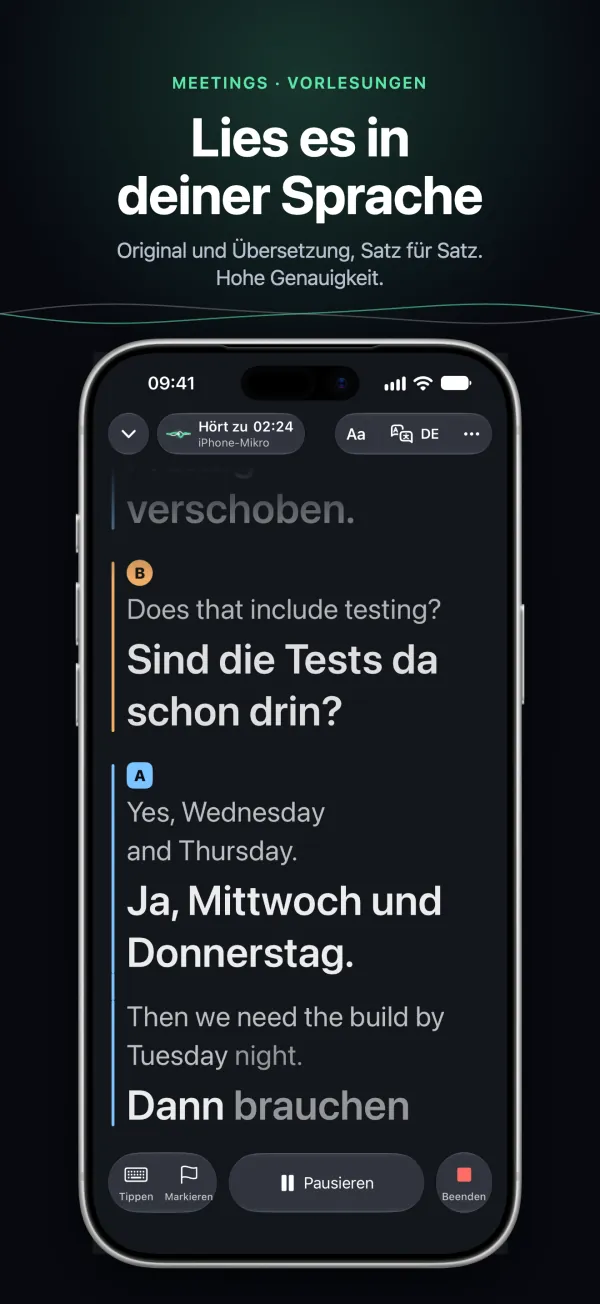 Tingdong auf dem iPhone im Meeting: Original und Übersetzung Zeile für Zeile, jede Person in ihrer Farbe