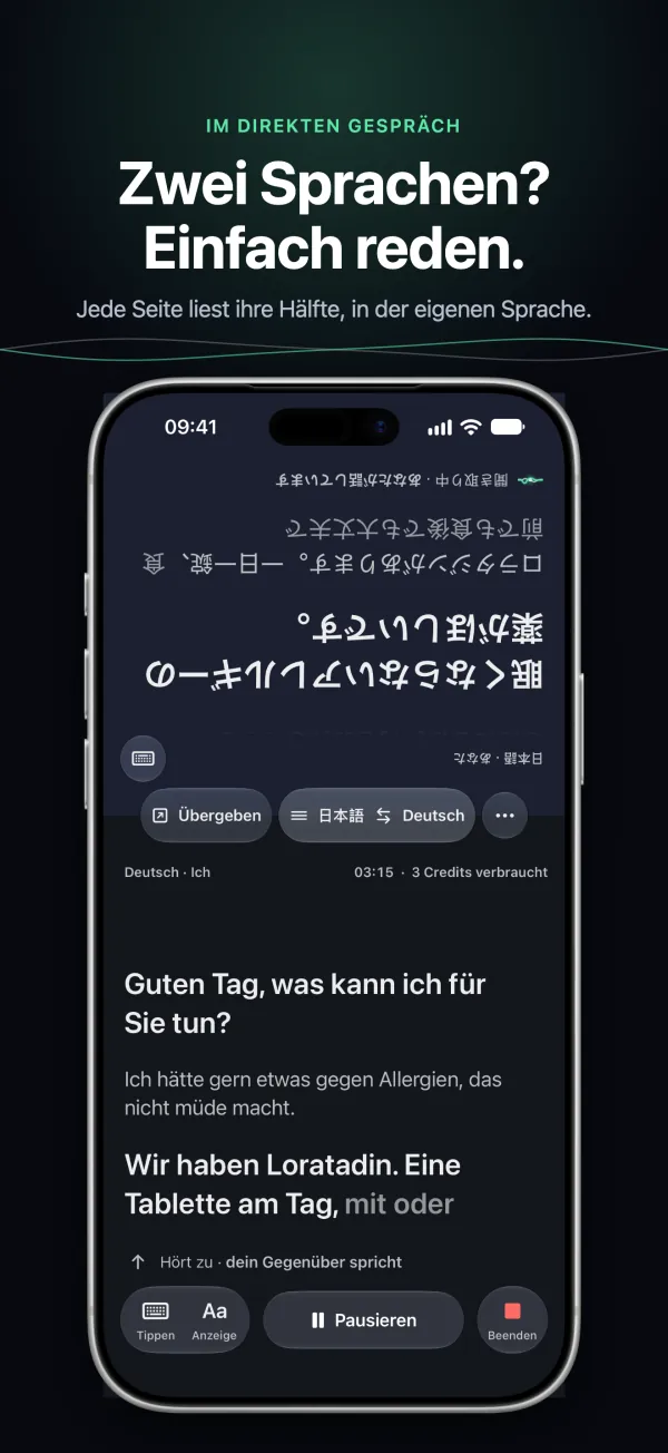 Gespräch auf dem iPhone: Jede Person liest ihre Bildschirmhälfte in ihrer Sprache