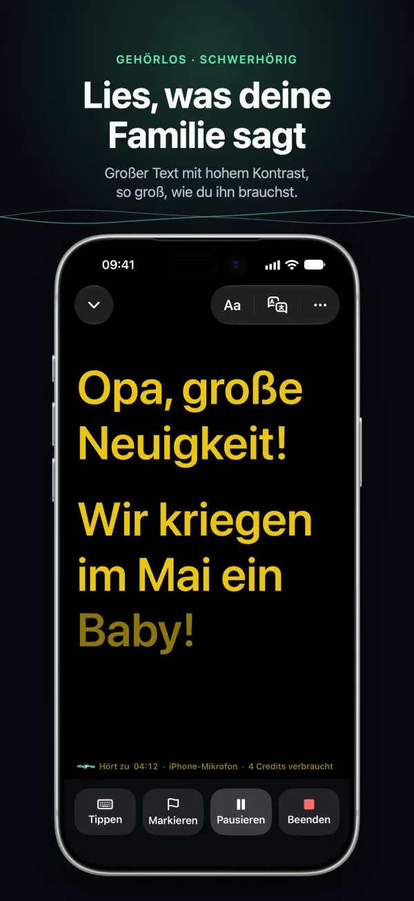 Große, kontrastreiche Untertitel auf dem iPhone, über den Tisch hinweg lesbar