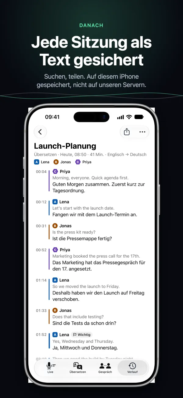 Ein gespeichertes Transkript auf dem iPhone, mit Sprechenden und Uhrzeiten
