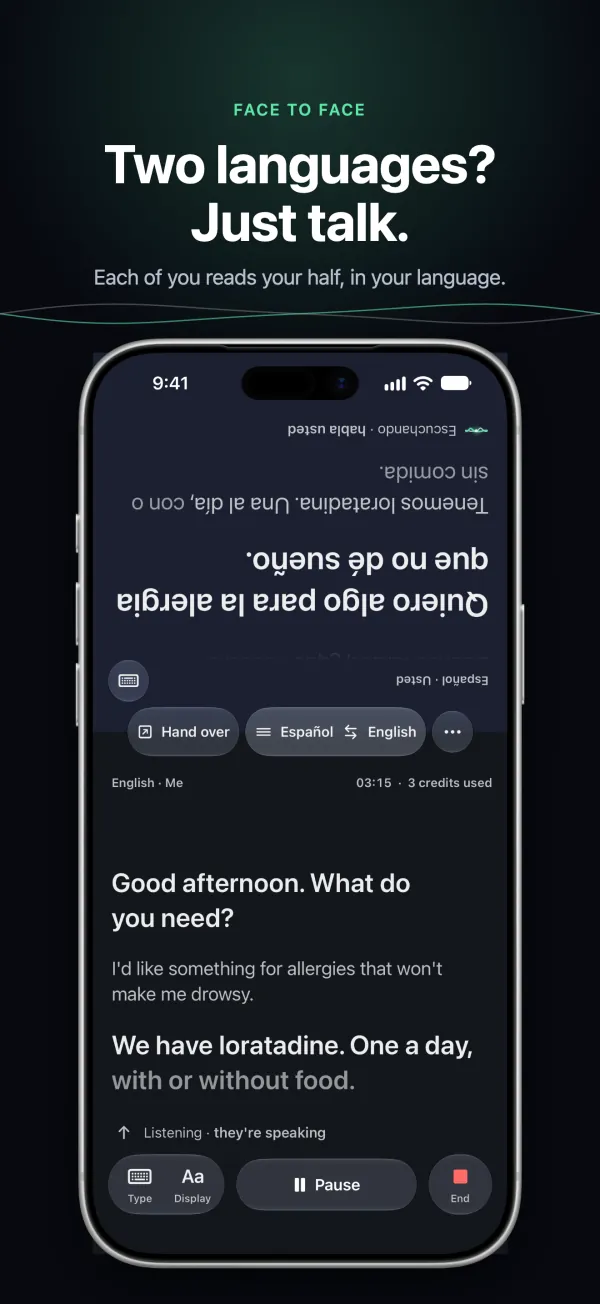 Conversation on iPhone: each person reads their half of the screen in their own language