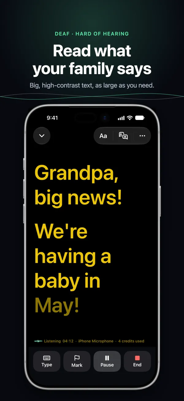 Big, high-contrast captions on iPhone, large enough to read across a table