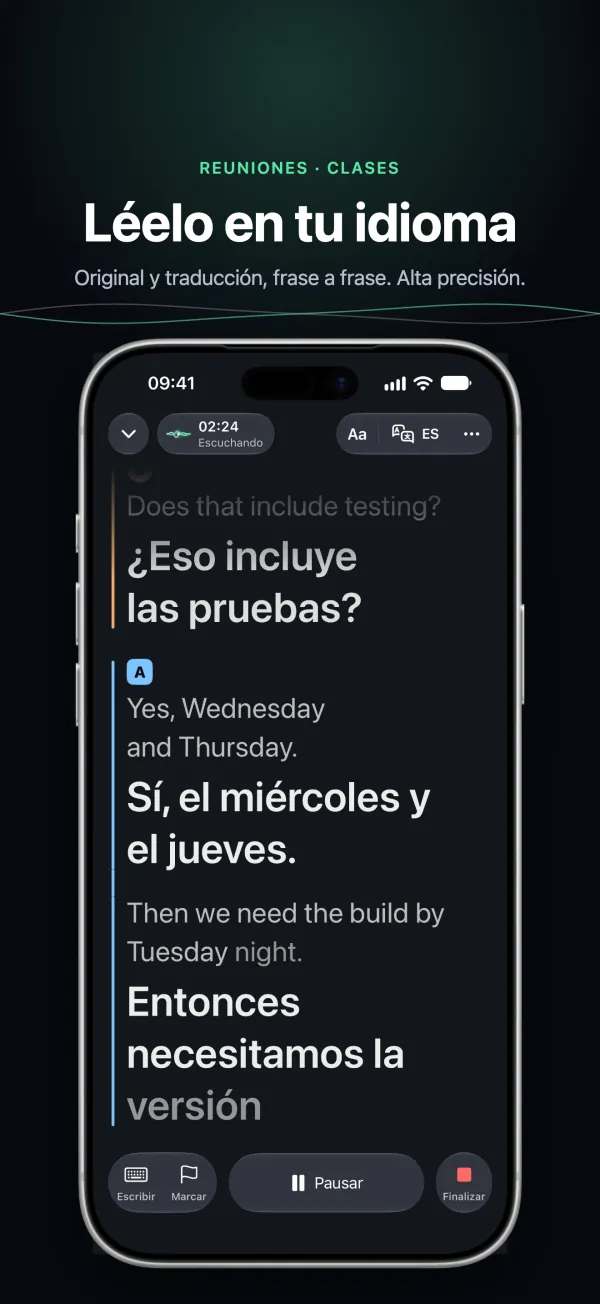 Tingdong en el iPhone en una reunión: el original y la traducción línea a línea, cada persona con su color