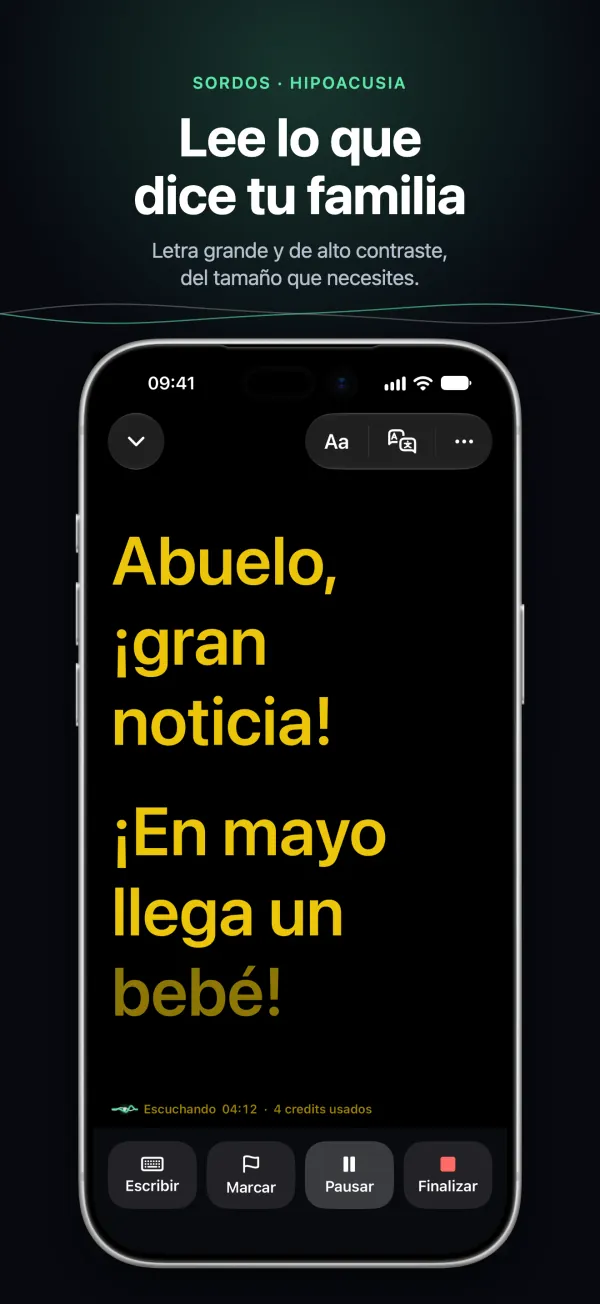 Subtítulos grandes y de alto contraste en el iPhone, legibles desde el otro lado de la mesa