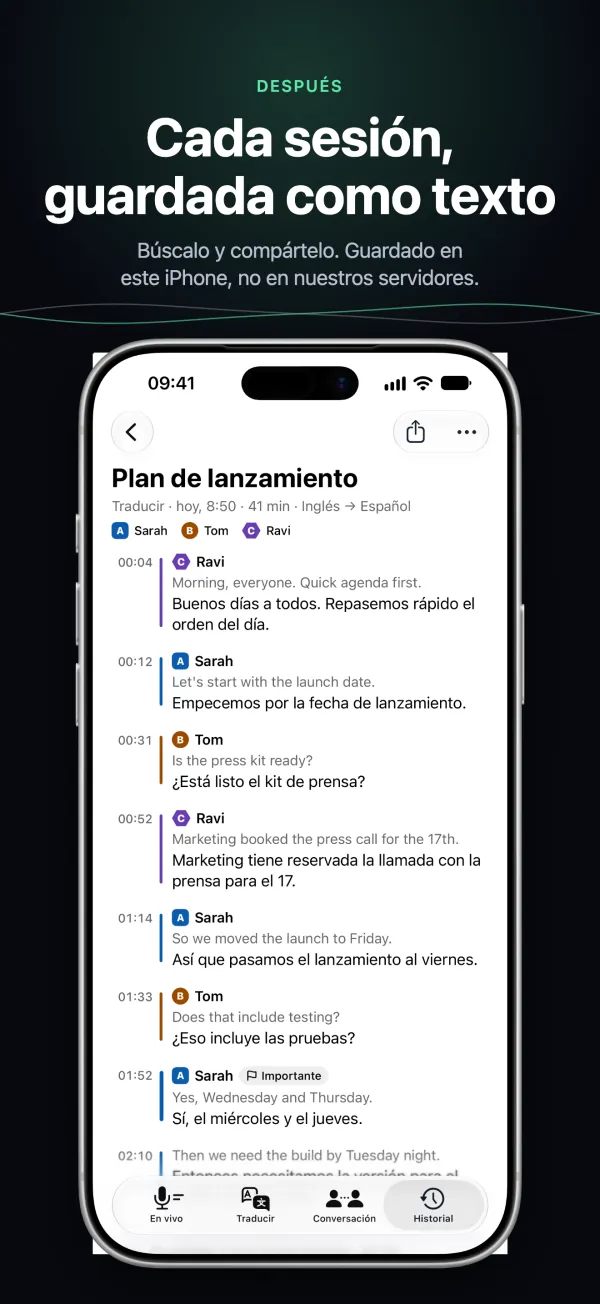 Una transcripción guardada en el iPhone, con las personas y las horas