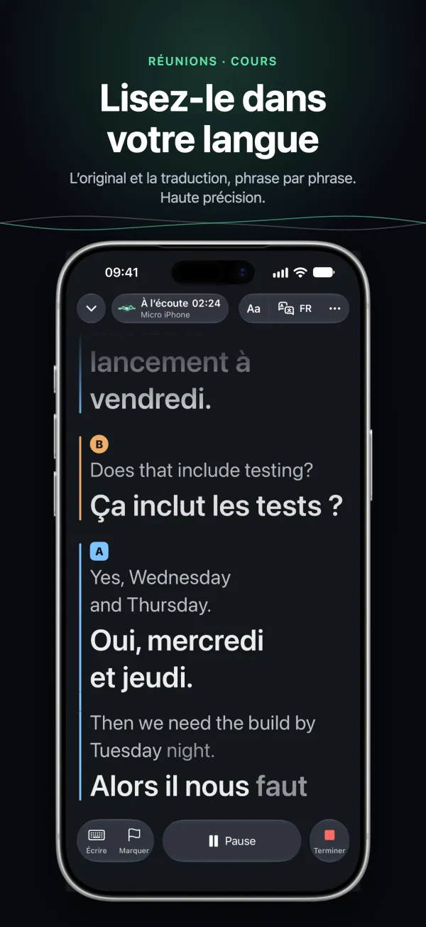Tingdong sur iPhone en réunion : l’original et la traduction ligne par ligne, chaque intervenant dans sa couleur
