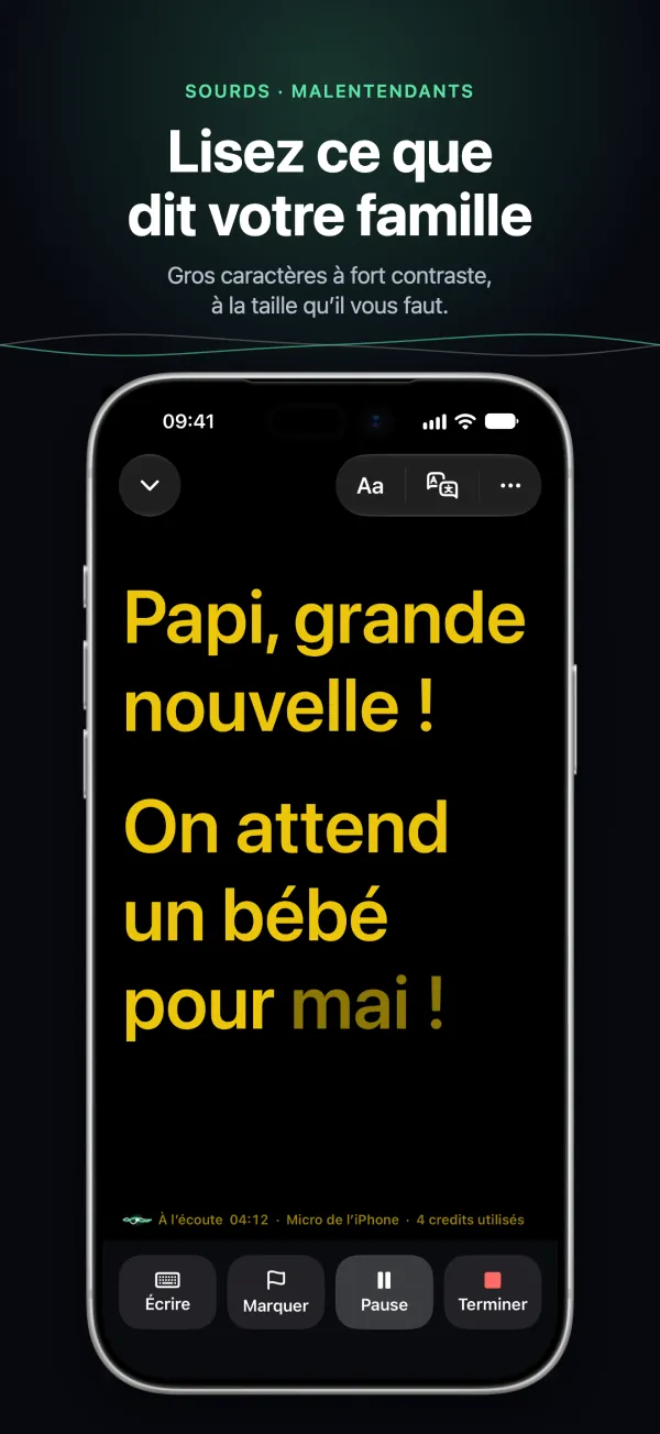 De grands sous-titres très contrastés sur l’iPhone, lisibles de l’autre côté de la table