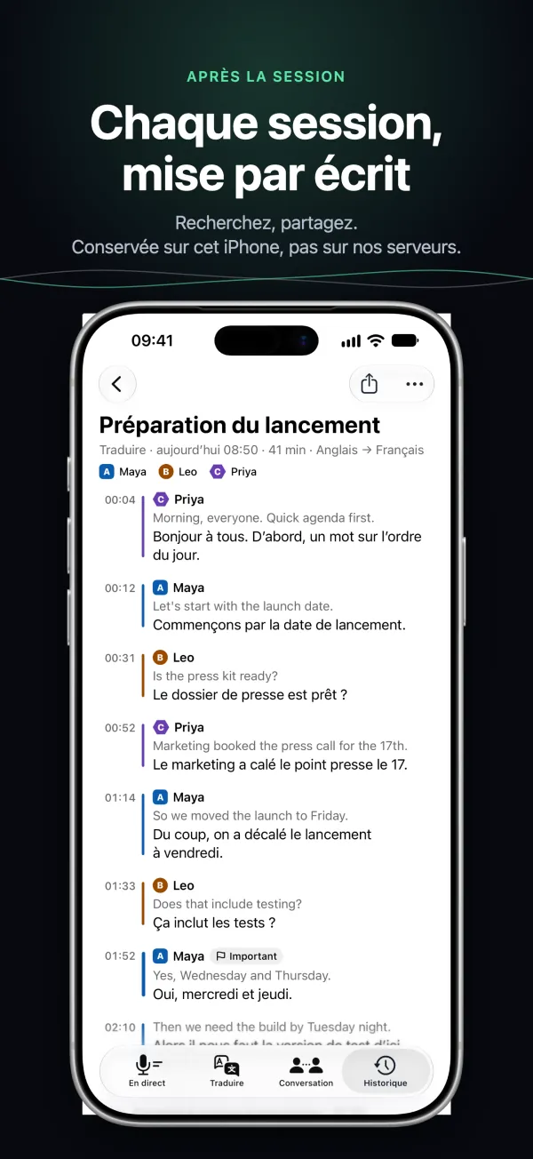 Une transcription enregistrée sur iPhone, avec les intervenants et les heures