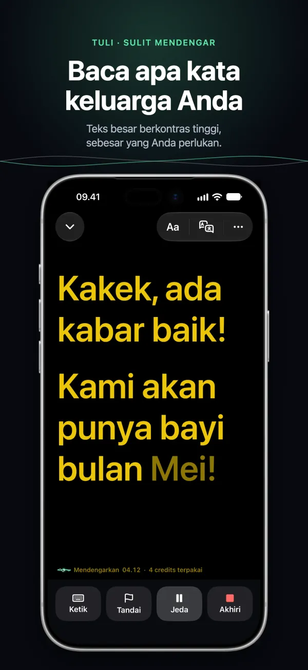 Subtitel besar berkontras tinggi di iPhone, terbaca dari seberang meja