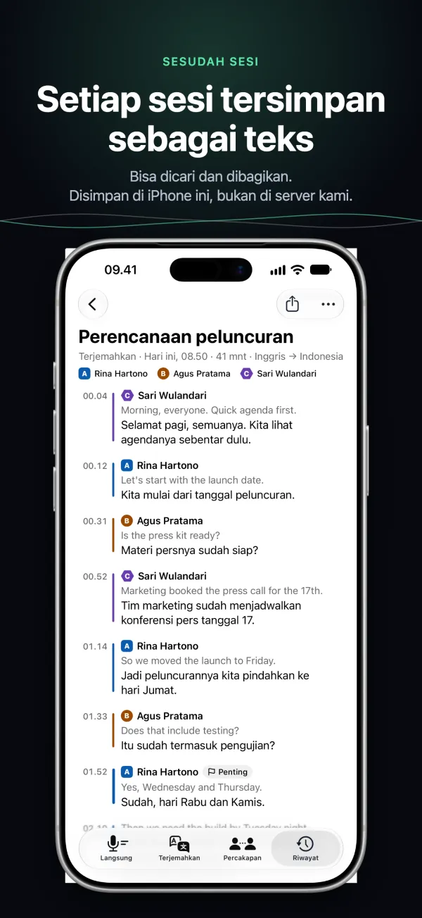 Transkrip tersimpan di iPhone, dengan pembicara dan waktunya