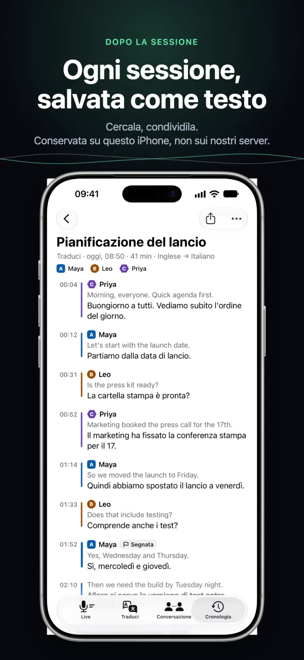 Una trascrizione salvata su iPhone, con chi parla e gli orari