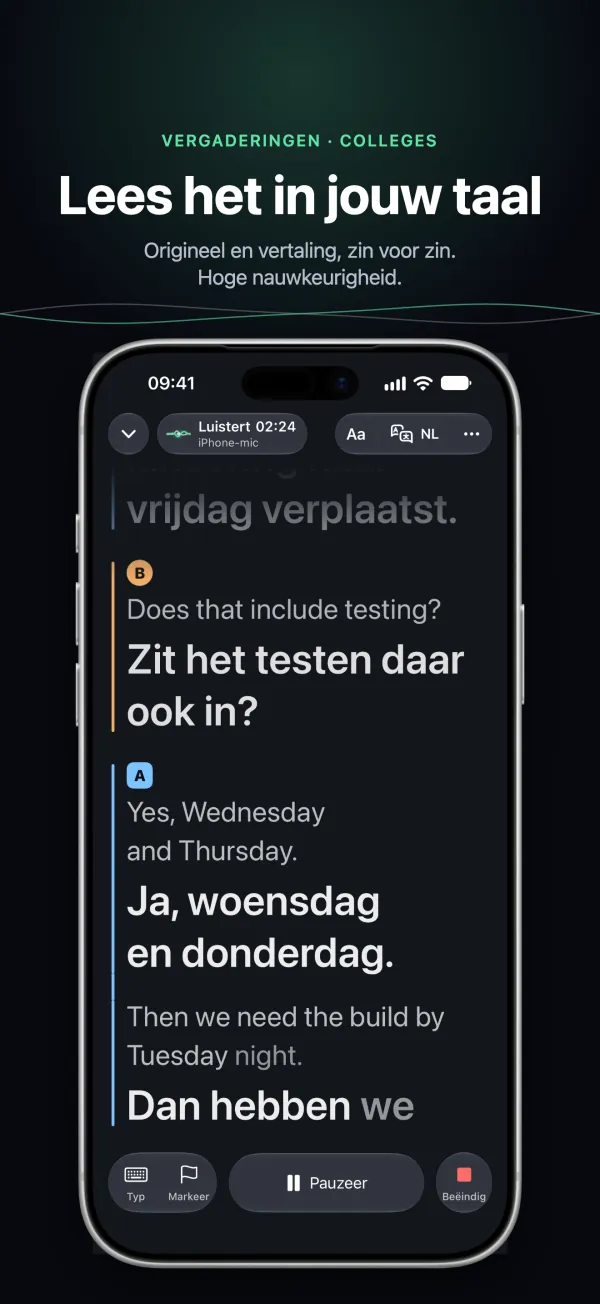 Tingdong op iPhone in een vergadering: origineel en vertaling regel voor regel, elke spreker in een eigen kleur