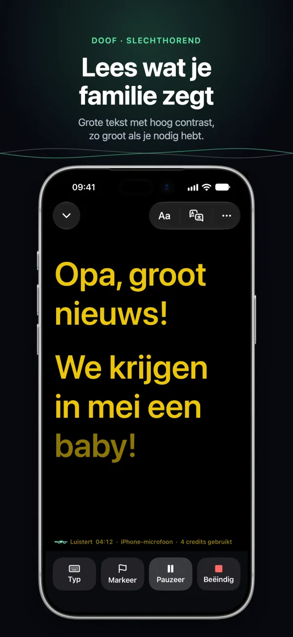 Grote ondertiteling met hoog contrast op iPhone, leesbaar aan de overkant van de tafel