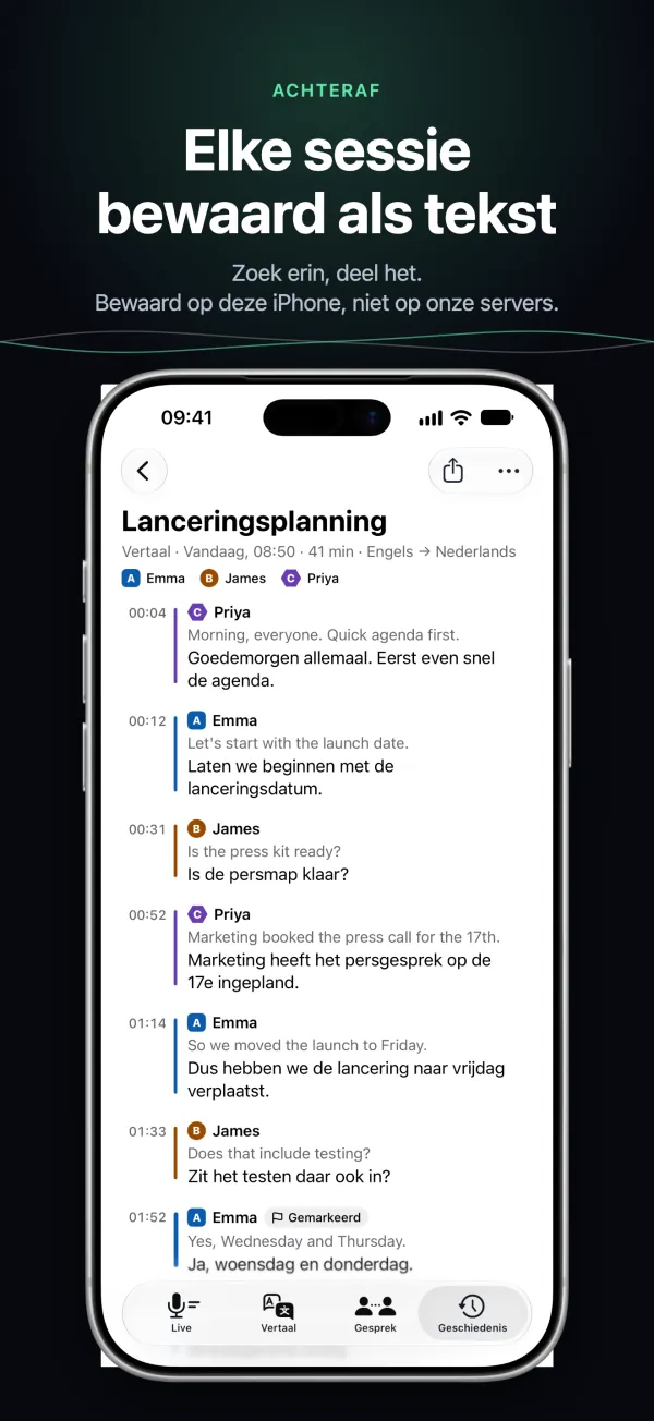 Een bewaard transcript op iPhone, met sprekers en tijden