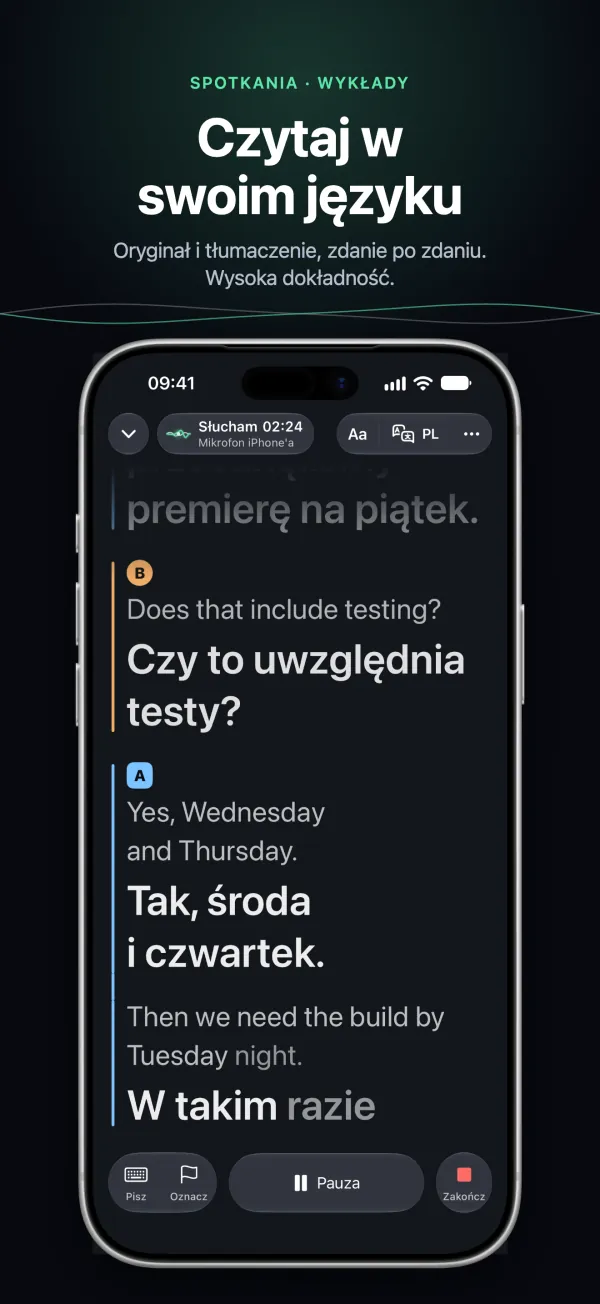 Tingdong na iPhonie na spotkaniu: oryginał i tłumaczenie wiersz po wierszu, każdy mówca w swoim kolorze