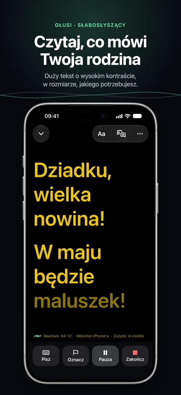 Duże, kontrastowe napisy na iPhonie, czytelne z drugiej strony stołu