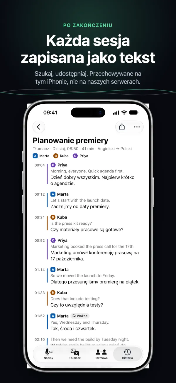 Zapisana transkrypcja na iPhonie, z mówcami i godzinami