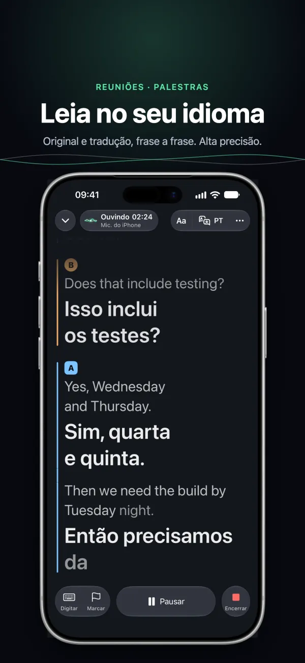 Tingdong no iPhone numa reunião: o original e a tradução linha por linha, cada pessoa com sua cor