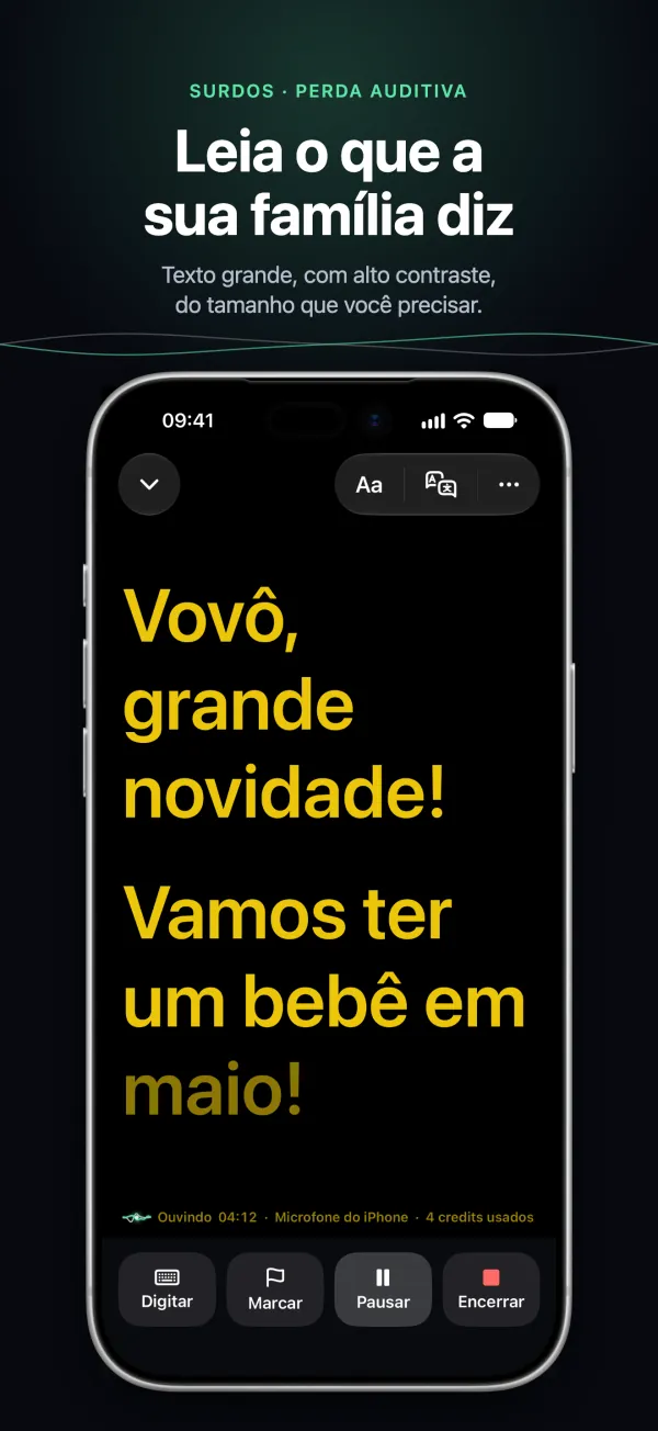 Legendas grandes e de alto contraste no iPhone, legíveis do outro lado da mesa