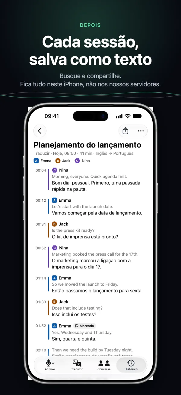 Uma transcrição salva no iPhone, com as pessoas e os horários
