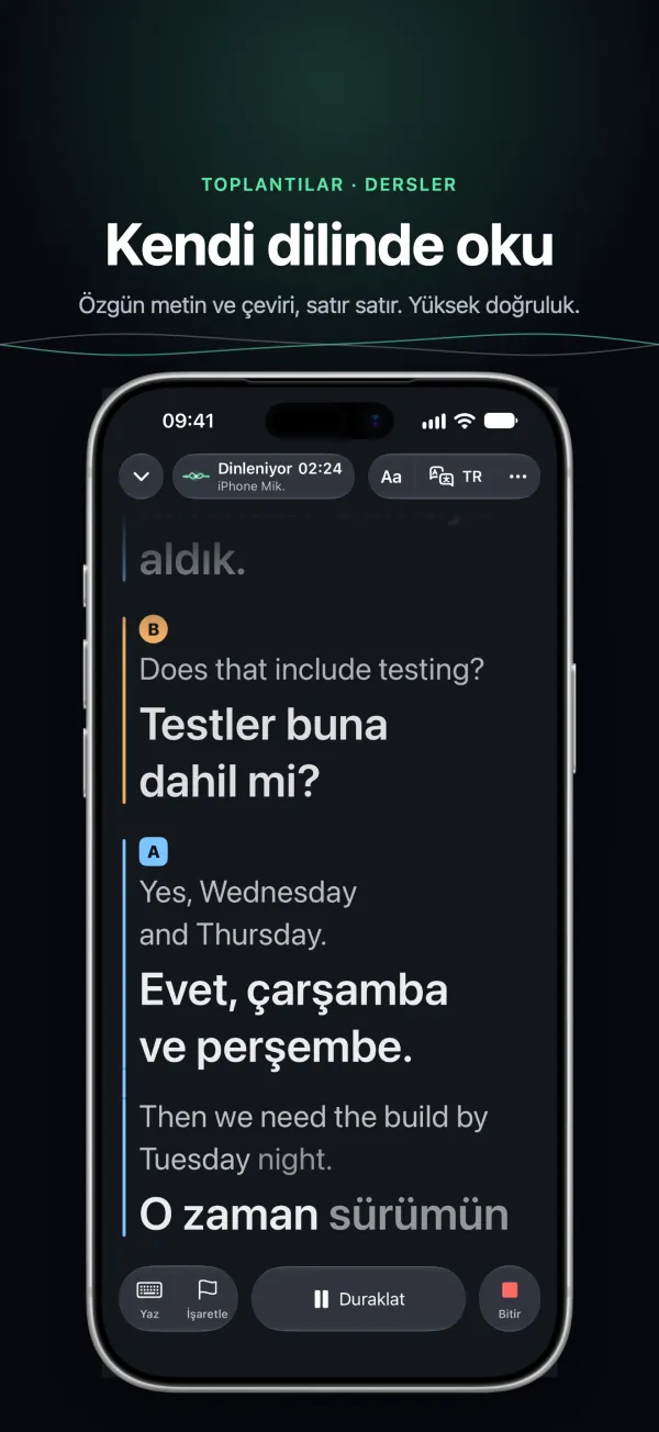 Toplantıda iPhone’da Tingdong: orijinal ve çeviri satır satır, her konuşmacı kendi renginde