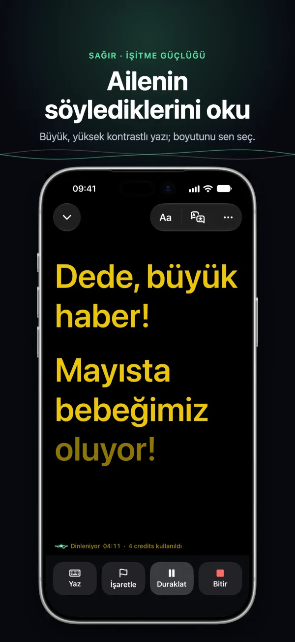 iPhone’da masanın öbür ucundan okunabilecek büyük, yüksek kontrastlı altyazı