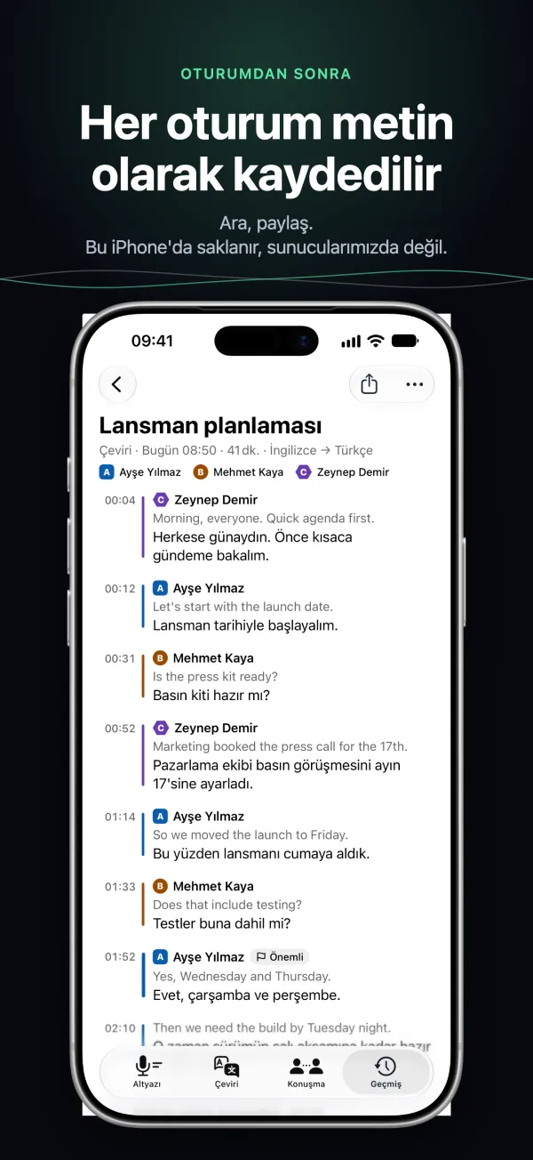 iPhone’da kaydedilmiş bir döküm, konuşmacılar ve saatlerle