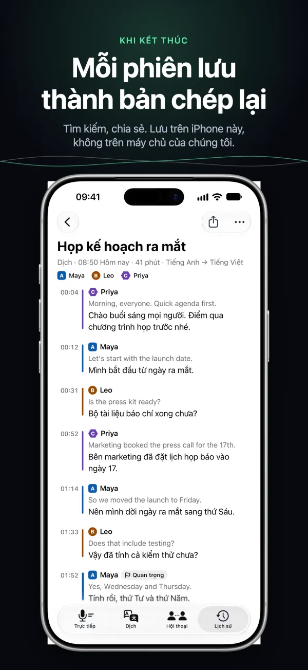 Một bản ghi chữ đã lưu trên iPhone, có người nói và thời gian